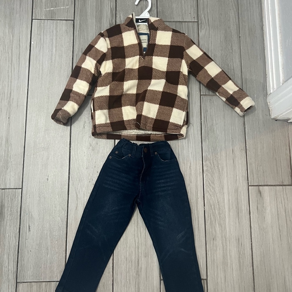 Kids Brown Checkered Jacket and Blue Jeans Set